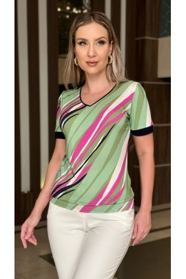 034255 - Blusa Ramany Estampada Listras Diagonais Cós
